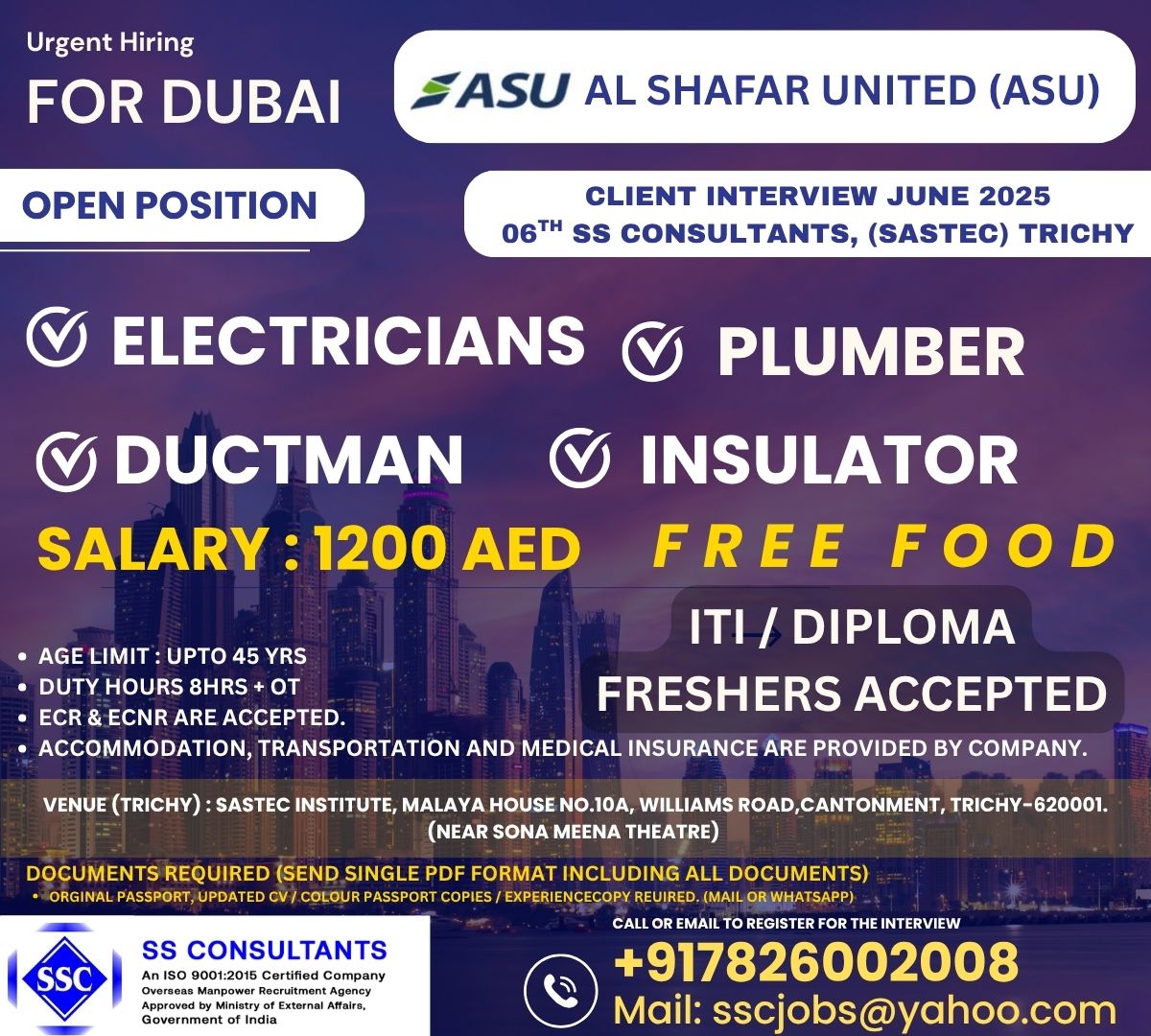 Dubai Jobs for Freshers: Electricians, Plumbers - Free Food/Accom
