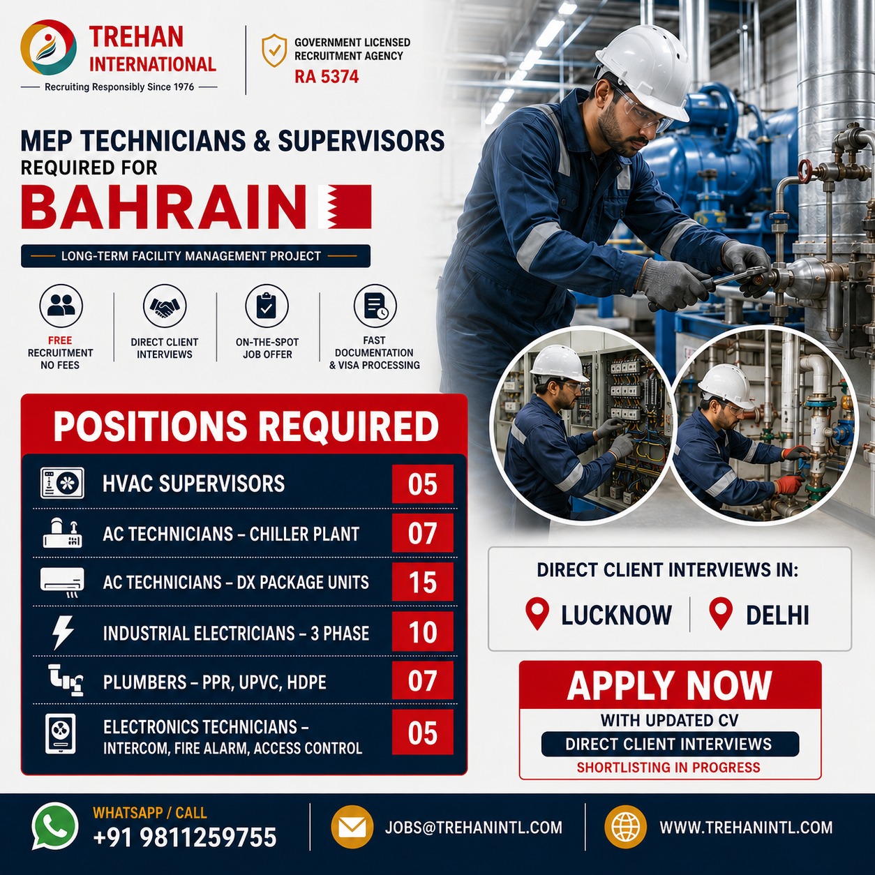 MEP Technicians & Supervisors Required for Bahrain  
