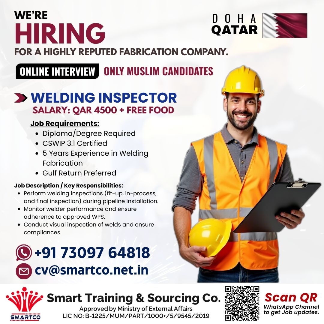 URGENTLY REQUIRED FOR DOHA QATAR FOR A HIGHLY REPUTED FABRICATION COMPANY.