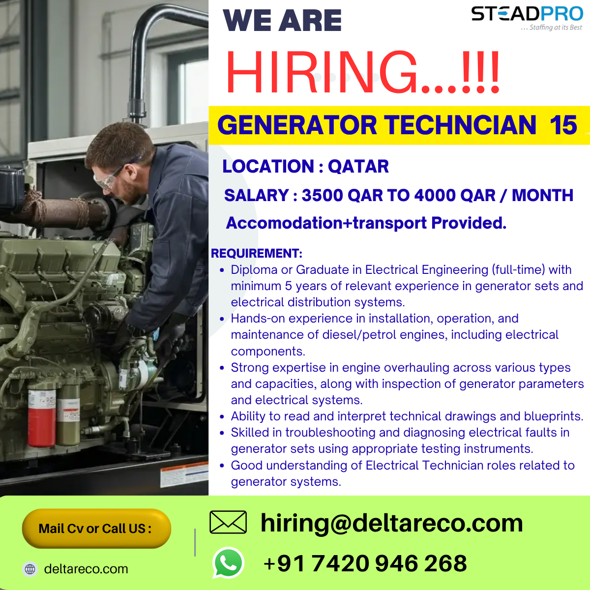 Hiring  Generator Technician for Qatar