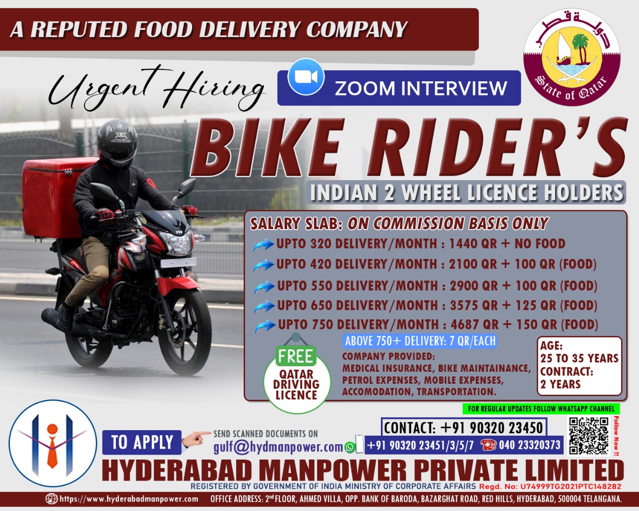 Urgent Hiring for Reputed food Delivery Company of QATAR