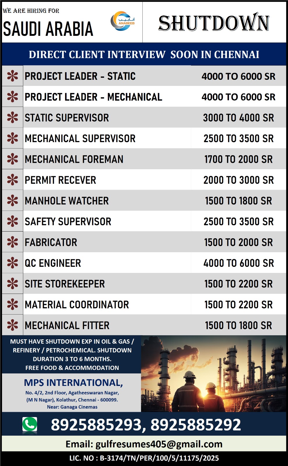 WE ARE HIRING FOR SAUDI ARABIA CLIENT INTERVIEW SOON IN CHENNAI
