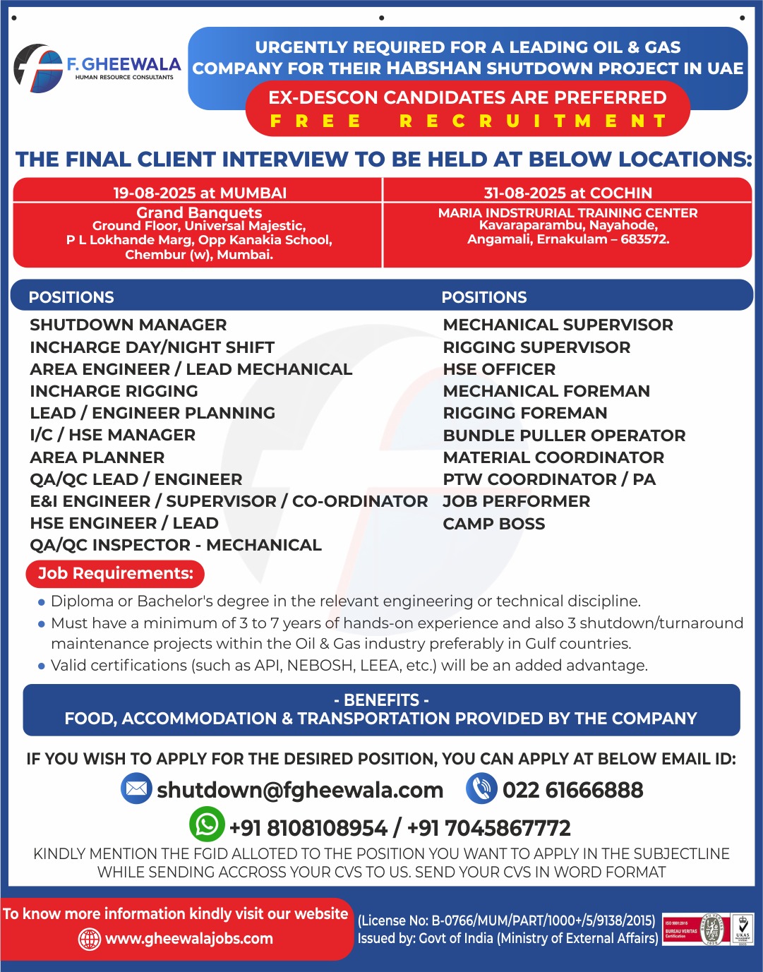 urgent requirement