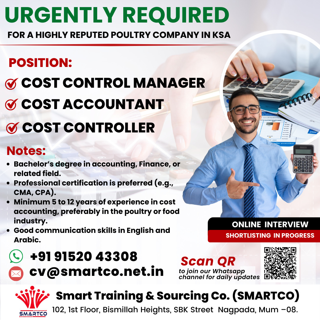 URGENTLY REQUIRED FOR A HIGHLY REPUTED POULTRY COMPANY IN KSA