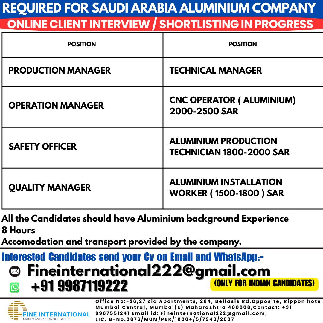 REQUIRED FOR SAUDI ARABIA ALUMINIUM COMPANY ONLINE CLIENT INTERVIEW / SHORTLISTING IN PROGRESS