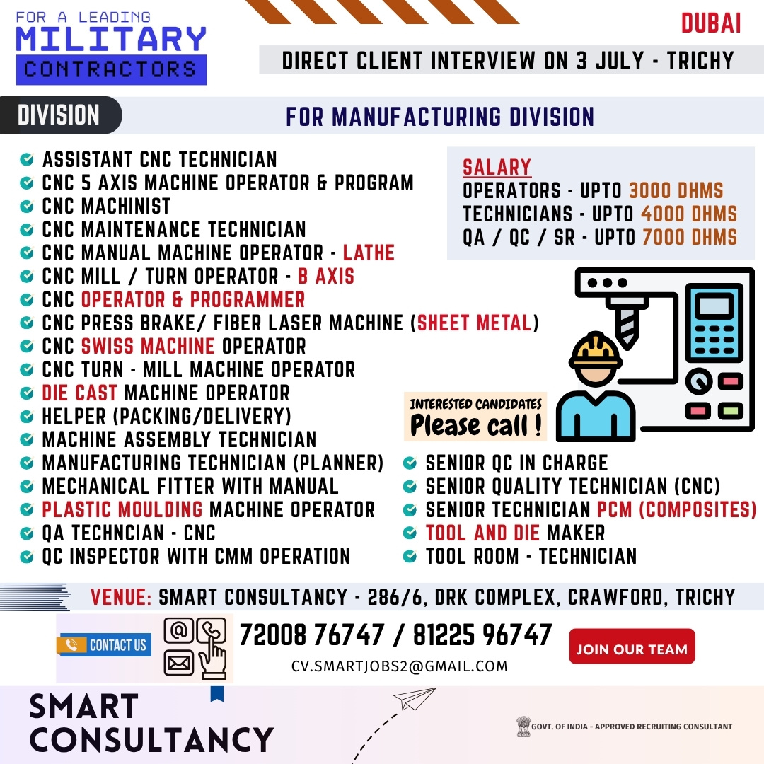 WANTED FOR A LEADING MILITARY PRODUCTS MANUFACTURING COMPANY - UAE 🌟 MANUFACTURING DIVISION 🌟 DIRECT CLIENT INTERVIEW ON 3 JULY - TRICHY 🌟