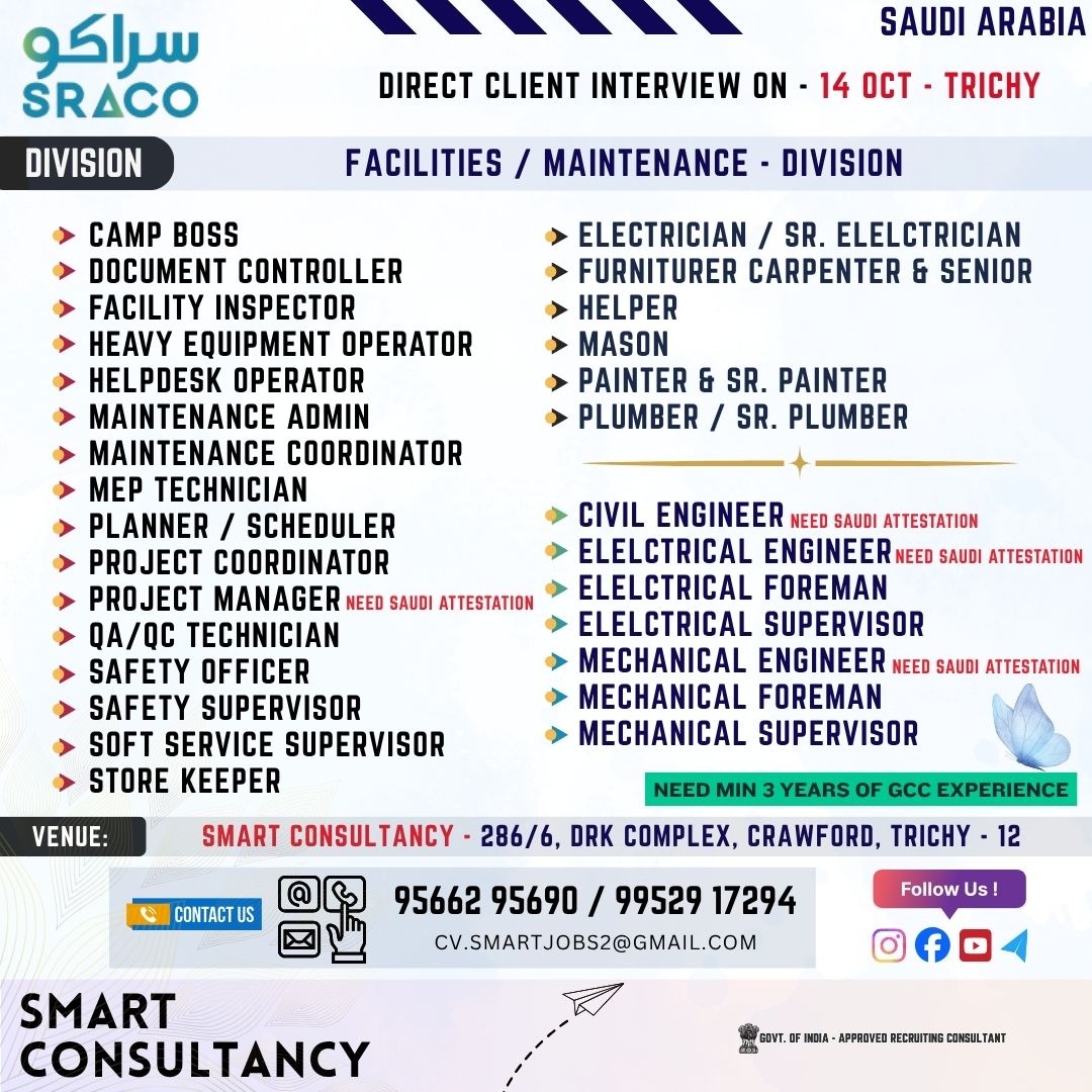 WANTED FOR A LEADING MAINTENANCE COMPANY (SAUDI) - DIRECT CLIENT INTERVIEW ON 14 OCTOBER - TRICHY 