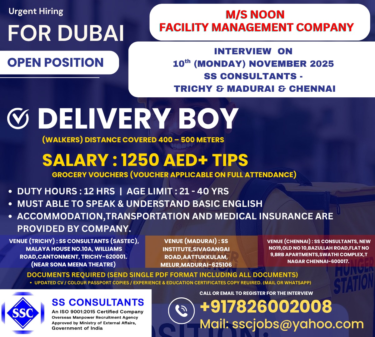Dubai Delivery Boy Vacancy - Interview in Trichy, Madurai, Chennai
