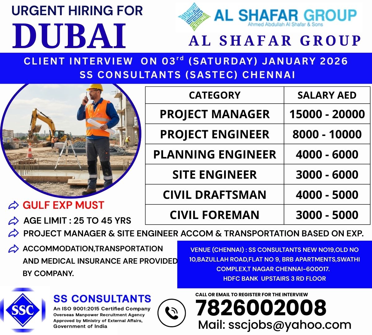 Dubai Construction Jobs with Visa Sponsorship - Interview in Chennai on January 3, 2026