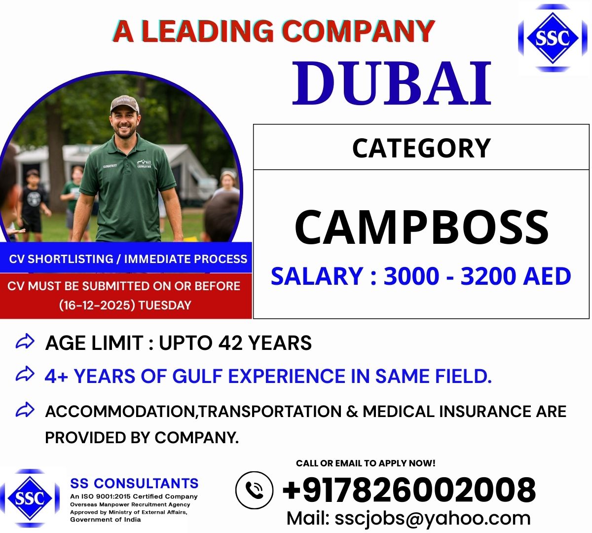 Campboss Vacancy in Dubai: 3000-3200 AED, Accommodation & Transport