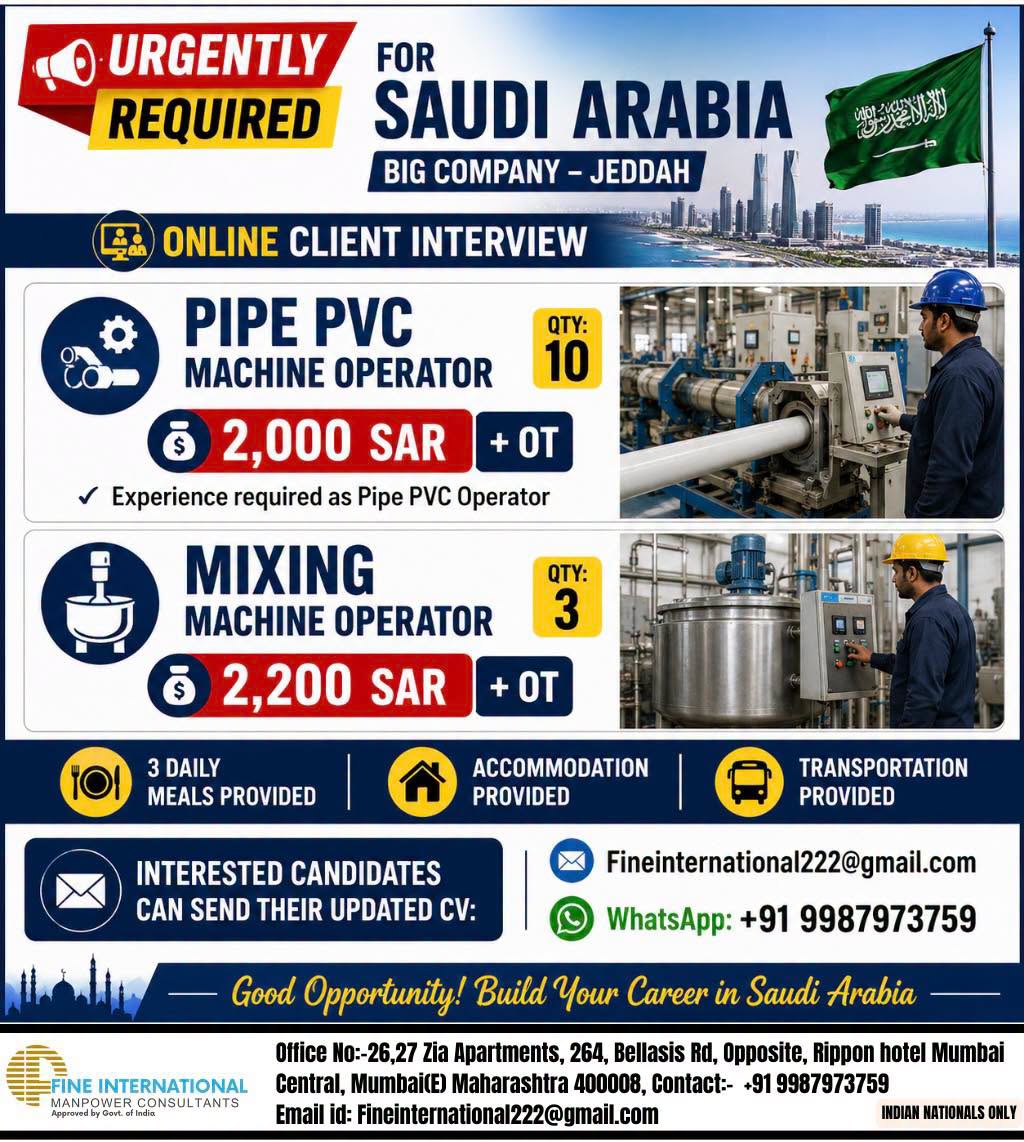 🚨 URGENTLY REQUIRED FOR SAUDI ARABIA BIG COMPANY – JEDDAH  📍 ONLINE CLIENT INTERVIEW 