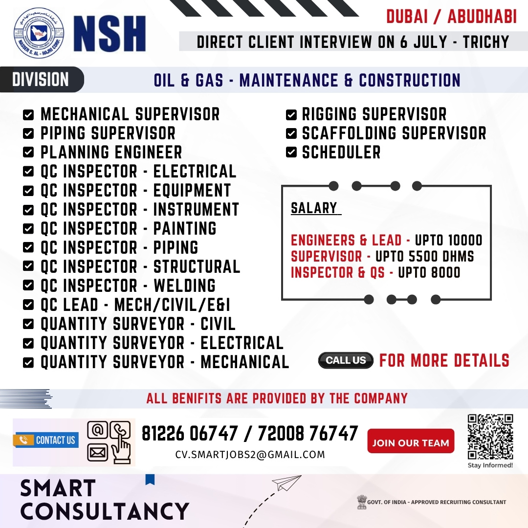 WANTED FOR A LEADING MAINTENANCE COMPANY - UAE  MANUFACTURING DIVISION  DIRECT CLIENT INTERVIEW ON 8 JULY - TRICHY 