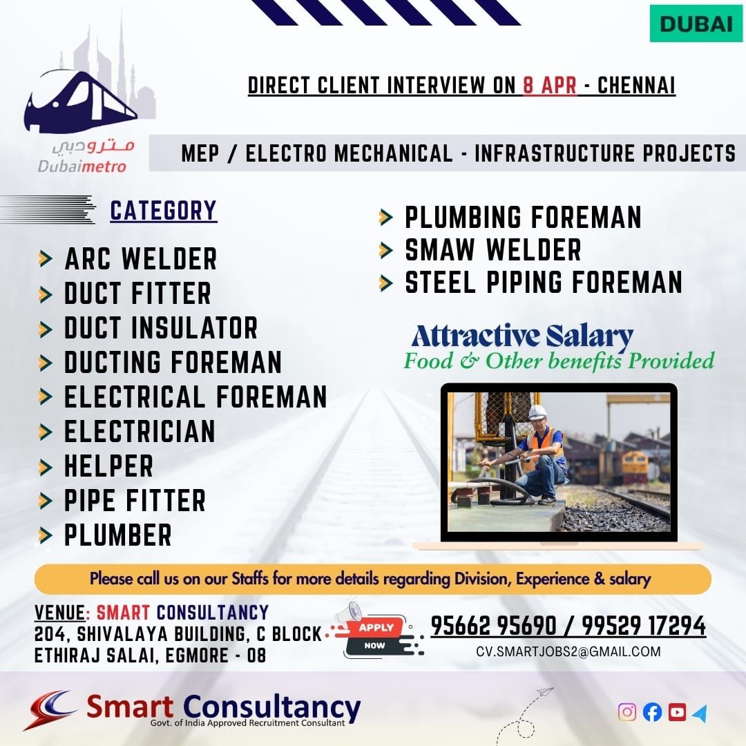 Dubai Infrastructure Project Jobs  Chennai Direct Interview – 8 APR