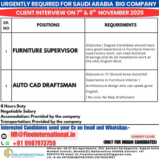 URGENTLY REQUIRED FOR SAUDI ARABIA BIG COMPANY CLIENT INTERVIEW ON 7th & 8th NOVEMBER 2025