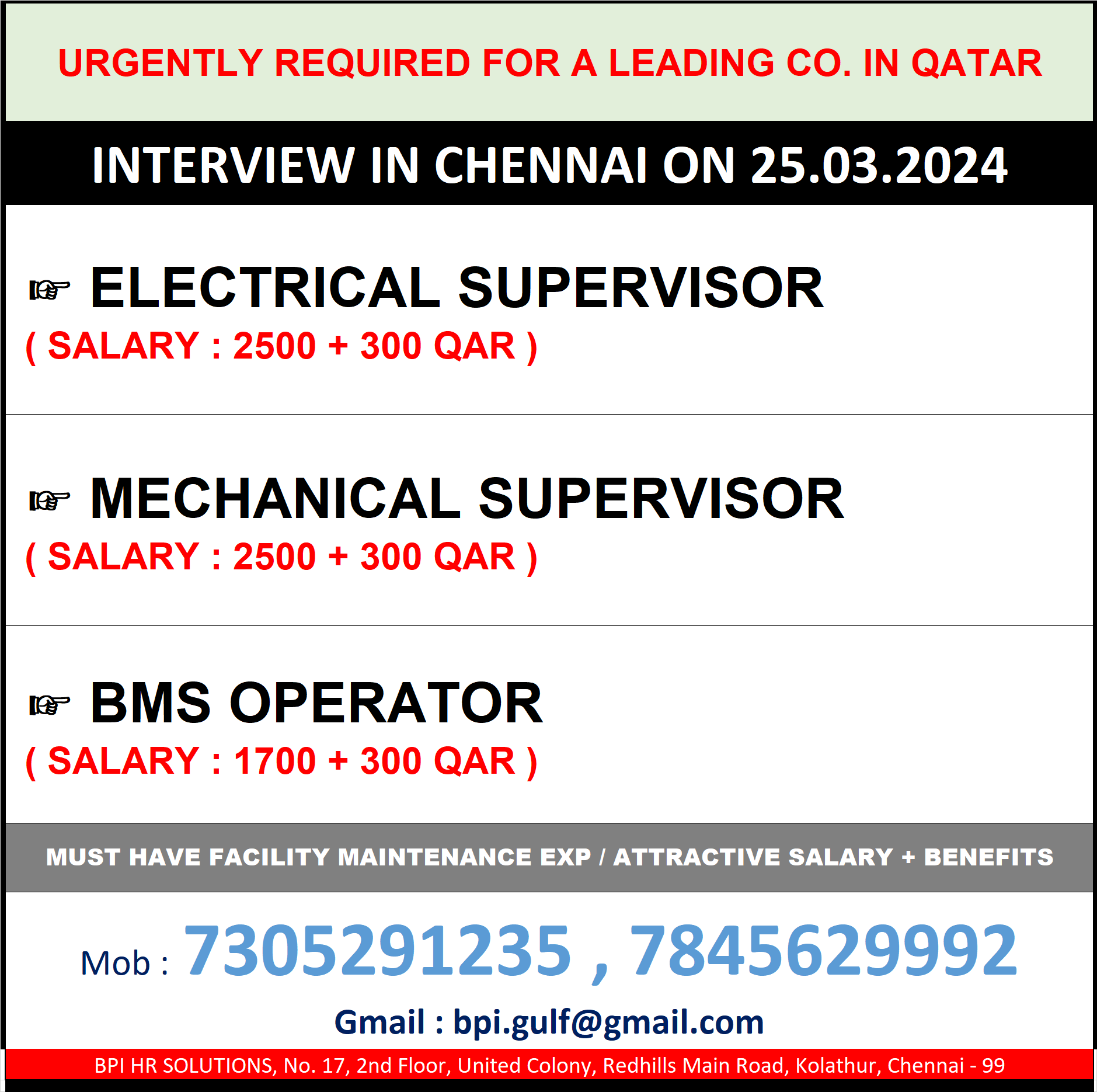 urgently required for a leading co. qatar