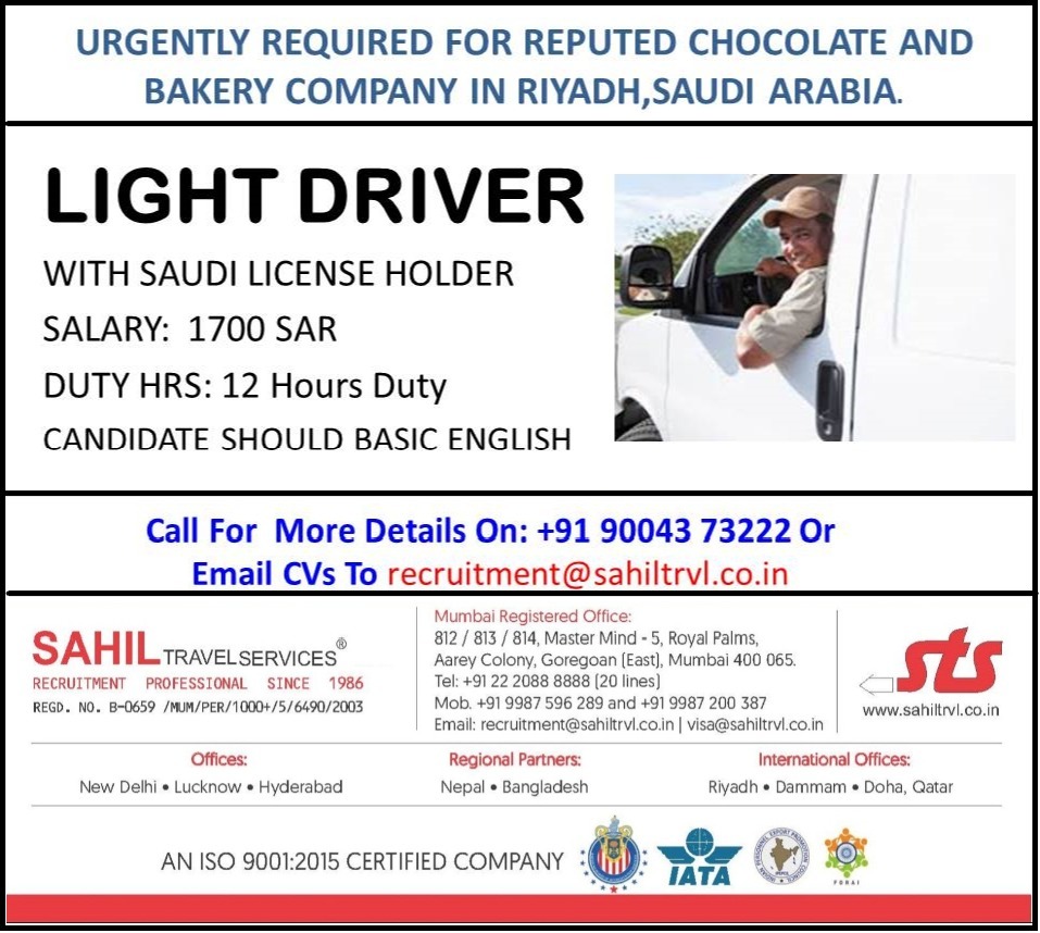 URGENTLY REQUIRED FOR REPUTED CHOCOLATE AND BAKERY COMPANY, SAUDI ARABIA.