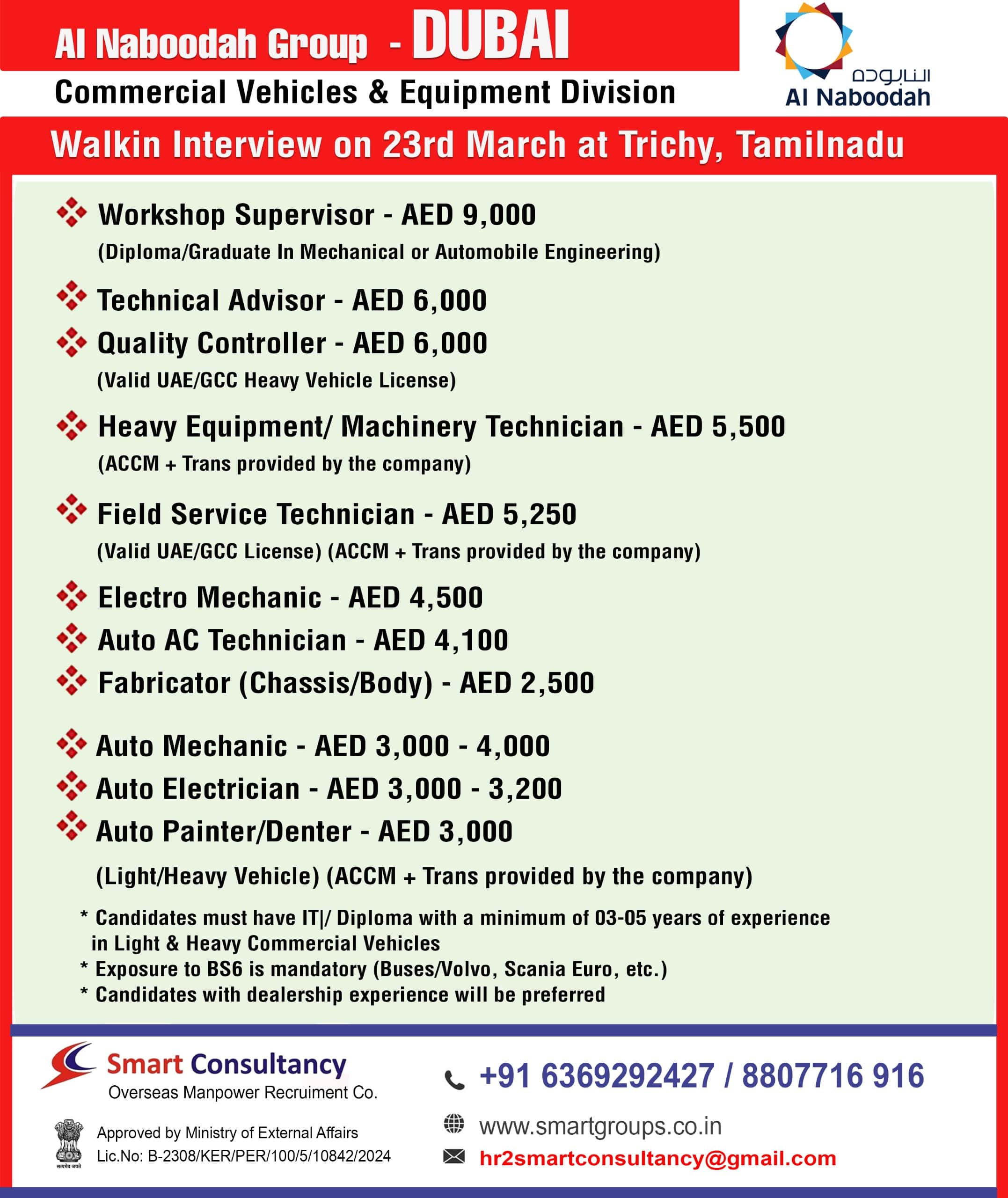 WE ARE HIRING FOR AL NABOODAH GROUP - DUBAI COMMERACIAL VEHICLES & EQUIPMENT DIVISION WALKING INTERVIEW ON 23RD MARCH AT TRICHY ,TAMIL NADU
