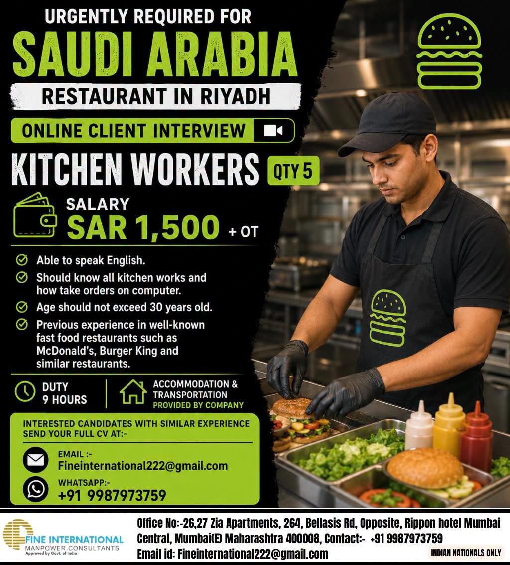🚨 URGENT HIRING FOR SAUDI ARABIA (Riyadh) 🚨 ONLINE CLIENT INTERVIEW 🍔 Position: Kitchen Workers (Qty 5)