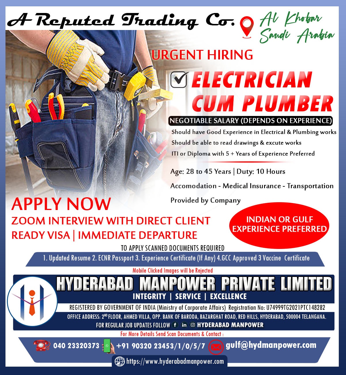 Urgent Hiring Electrician Cum Plumber for A Reputed Trading Company - Saudi Arabia