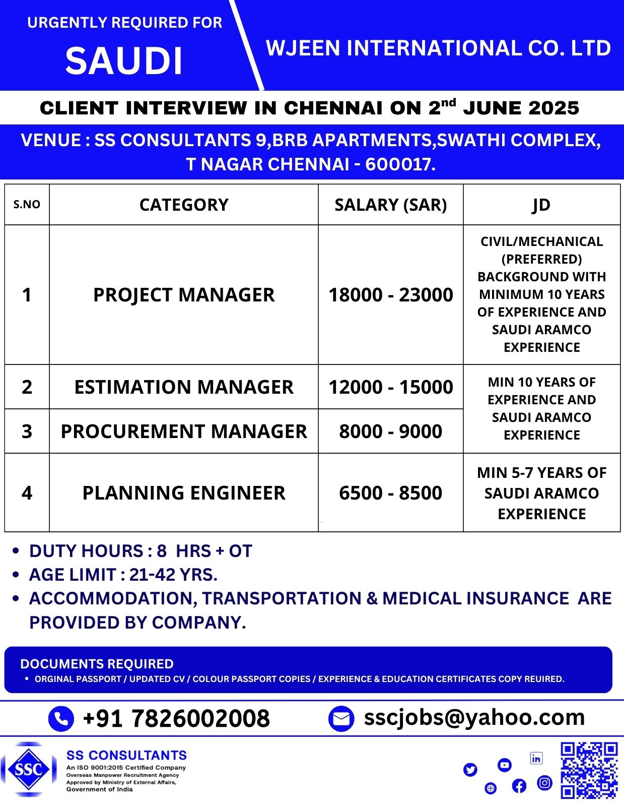 Immediate Saudi Vacancies: Estimation Mgr (SAR 15K) & Project Mgrs - Chennai 2/6