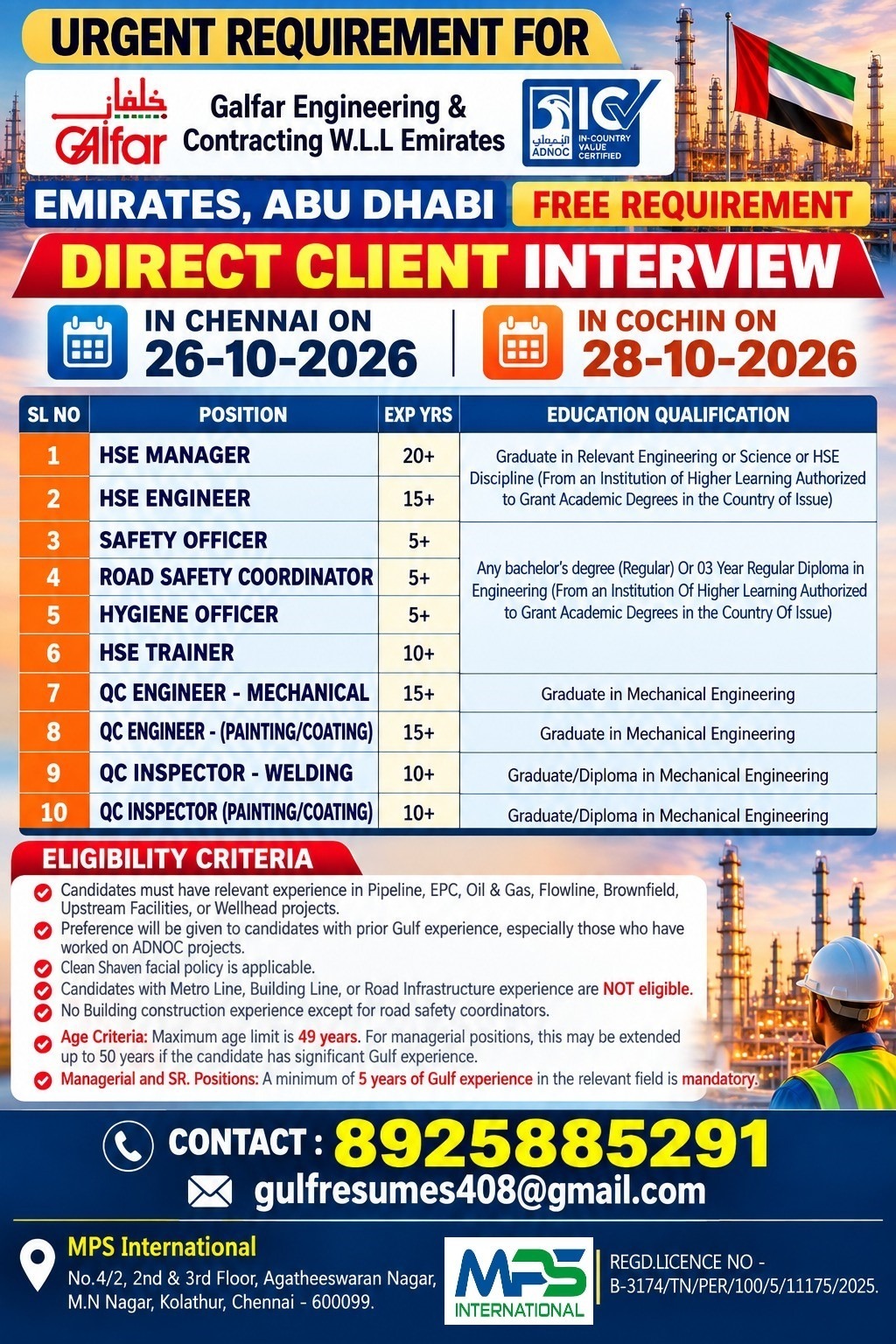 DIRECT CLIENT INTERVIEW In Chennai on: 26-10-2026 In Cochin on: 28-10-2026