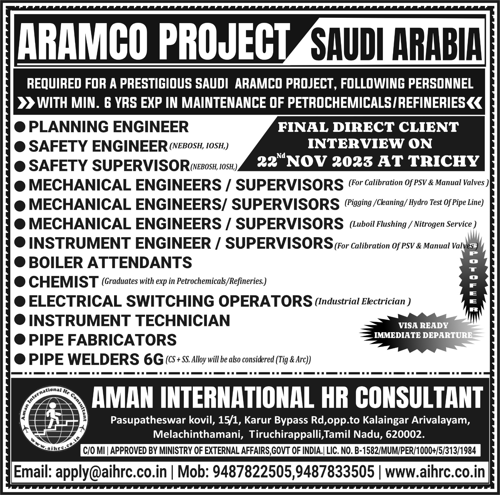 DIRECT CLIENT INTERVIEW AT TRICHY | ARAMCO PROJECT SAUDI 