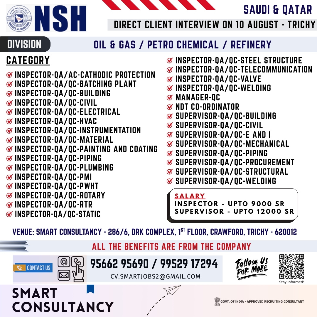 WANTED FOR A LEADING OIL & GAS / PETRO CHEMICAL / REFINERY COMPANY - SAUDI & QATAR | DIRECT CLIENT INTERVIEW ON 10 AUGUST - TRICHY 