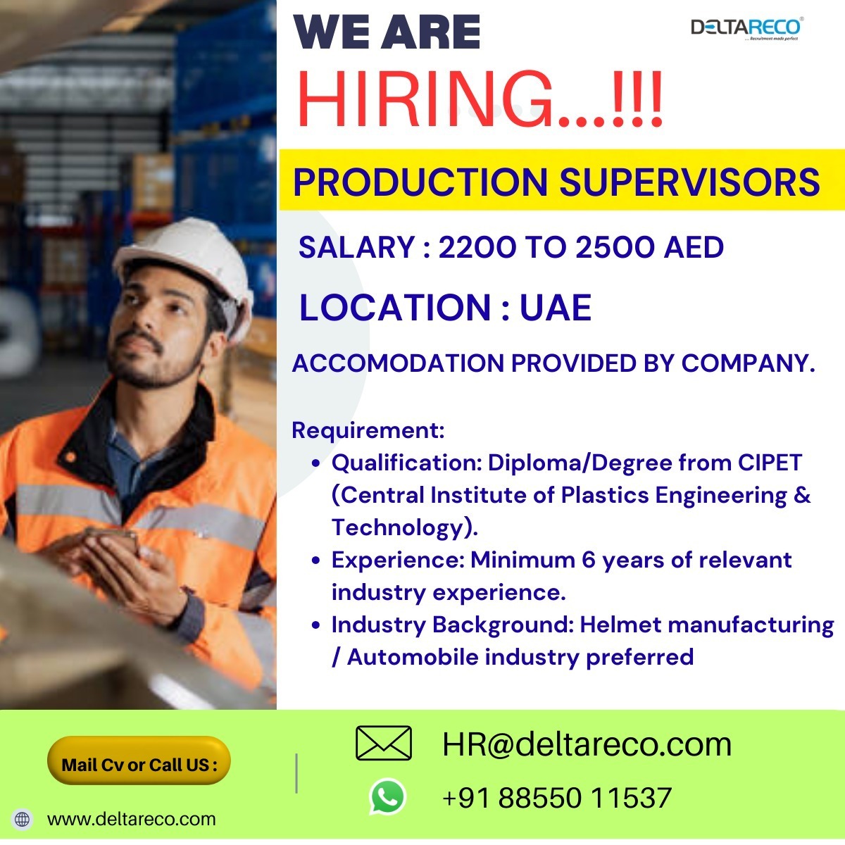 Hiring  Production Supervisor  For UAE