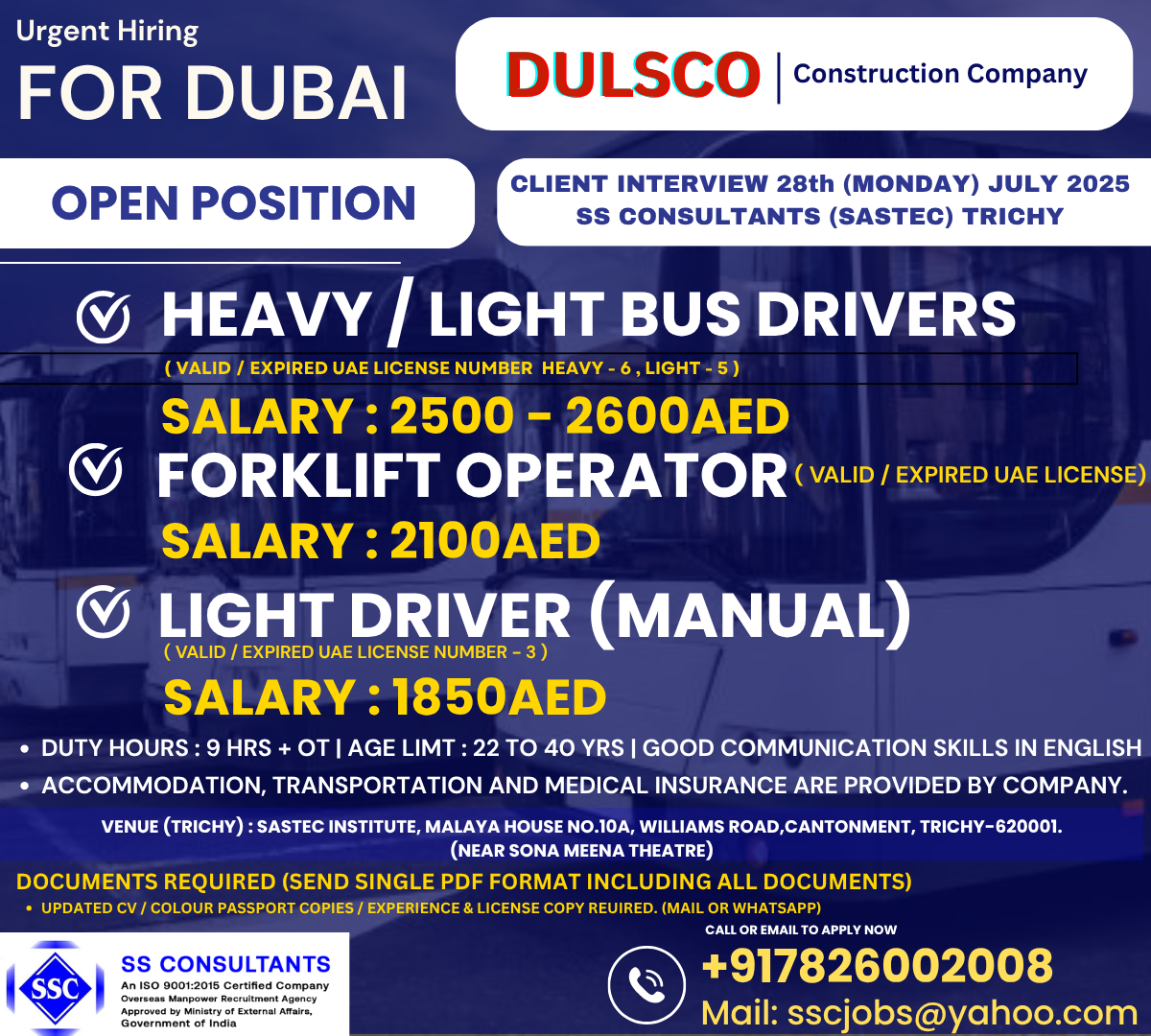 Urgent Hiring in Dubai: Heavy/Light Bus Drivers & Forklift Operators – Apply Now!