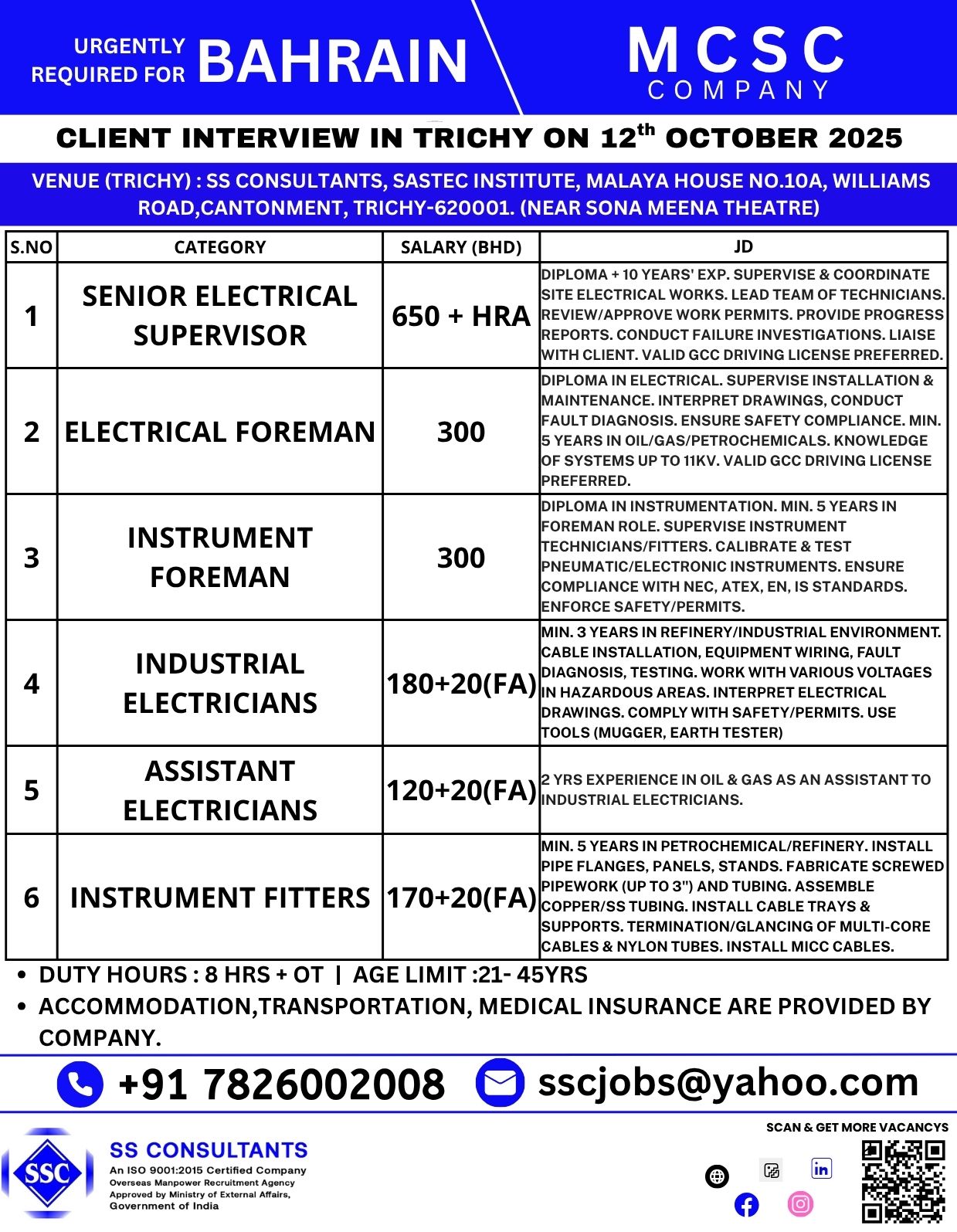 Urgently Hiring for Bahrain: Electrical & Instrumentation Jobs - Client Interview in Trichy on 12th Oct 2025