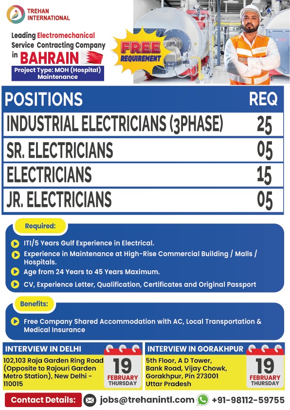 FREE REQUIREMENT – BAHRAIN 🇧🇭 | Leading Electromechanical Company 🚨