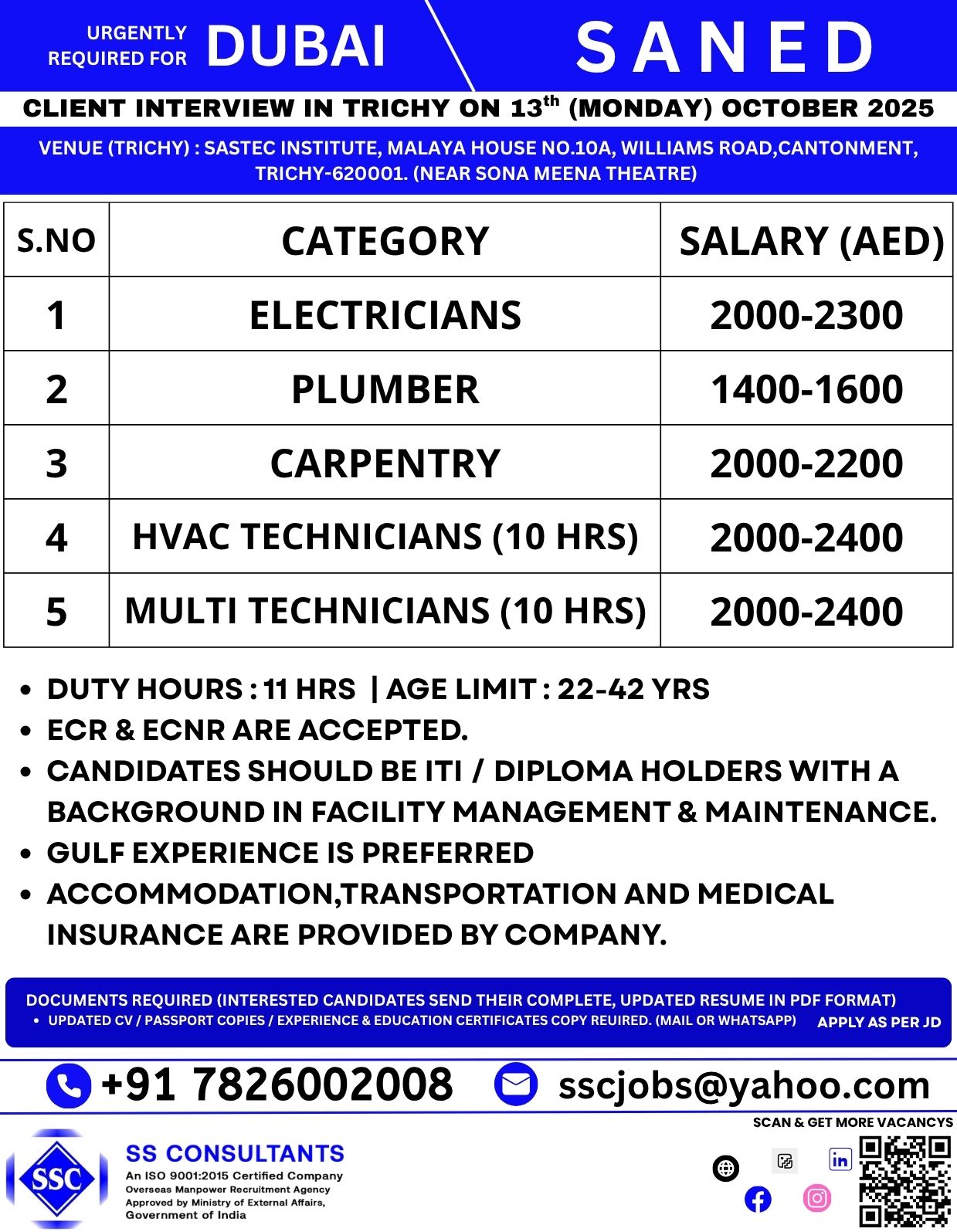 Urgently Hiring for Dubai: Electricians, HVAC & Carpentry Jobs - Interview in Trichy on Oct 13