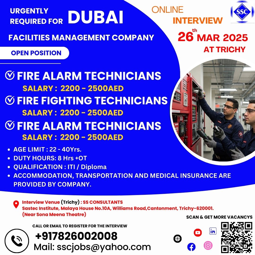 Urgently Hiring Fire Alarm & Fire Fighting Technicians in Dubai – Apply Now for 2200-2500 AED Salary!