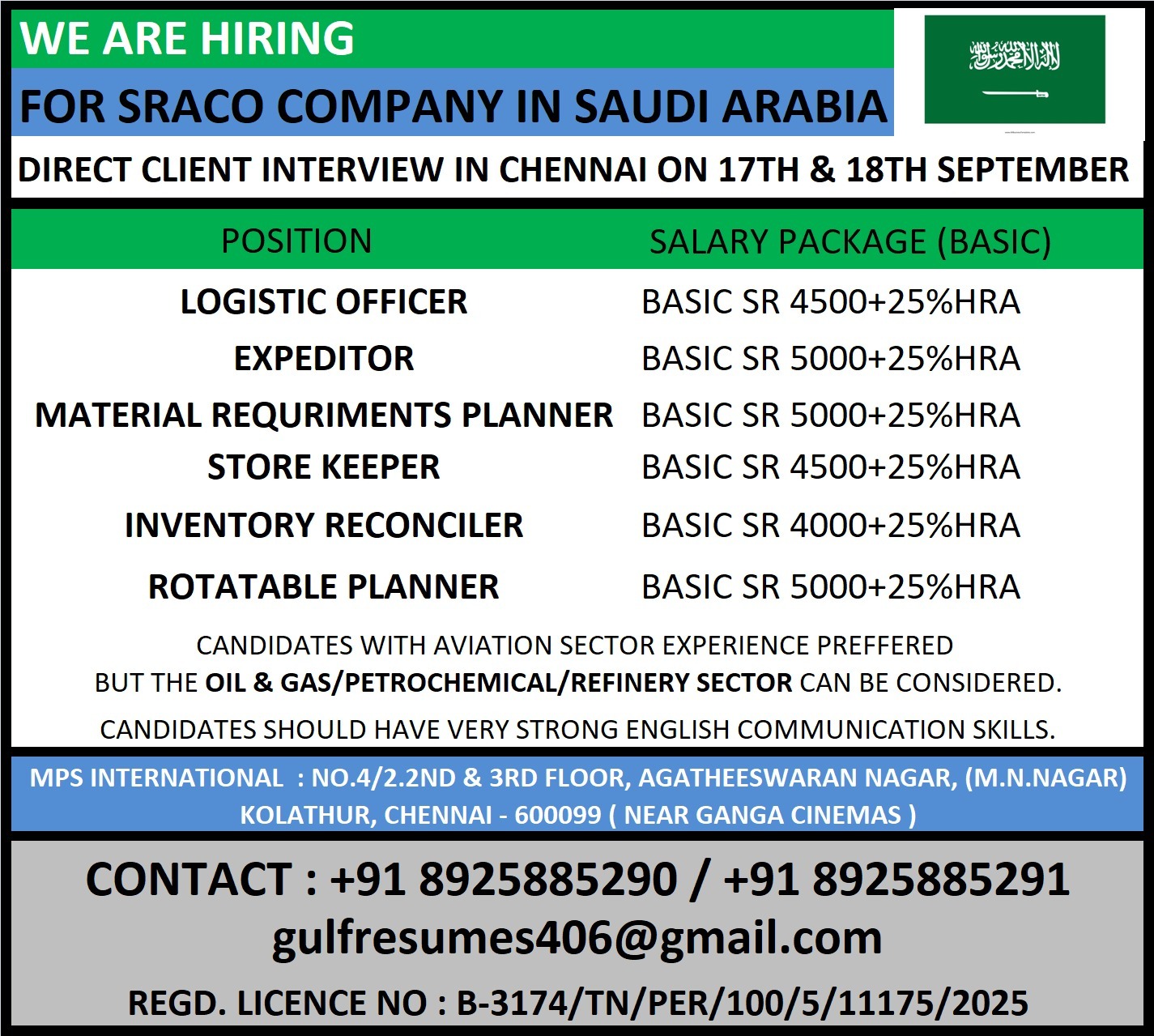 Interview in Chennai on 17 & 18 sep 2025
