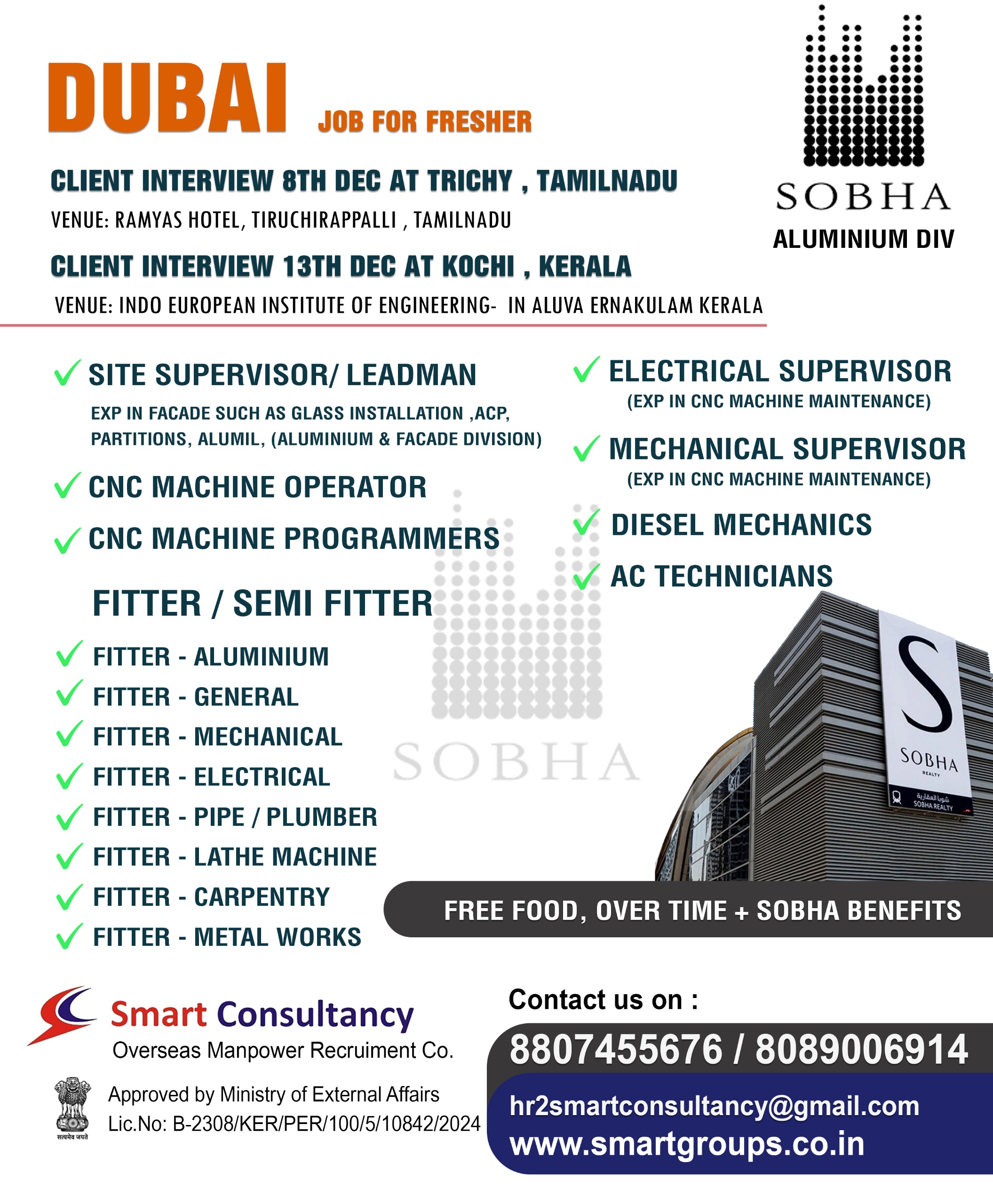 WE ARE HIRING FOR SOBHA -DUBAI ,JOB FOR FRESHER ,DIRECT CLIENT INTERVIREW ON 8TH DEC AT TRICHY ,TAMIL NADU & 13TH DEC AT COCHIN KERALA