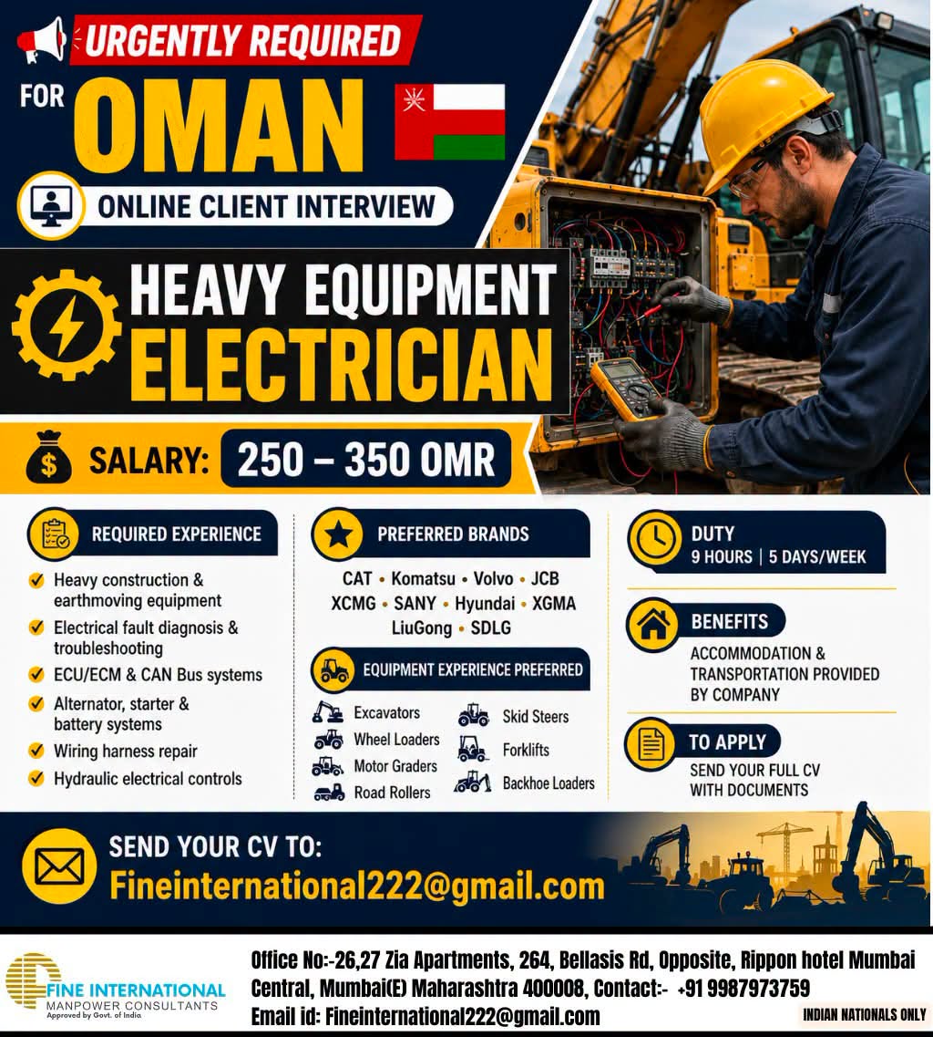  URGENTLY REQUIRED FOR OMAN COMPANY   ONLINE CLIENT INTERVIEW  HEAVY EQUIPMENT ELECTRICIAN