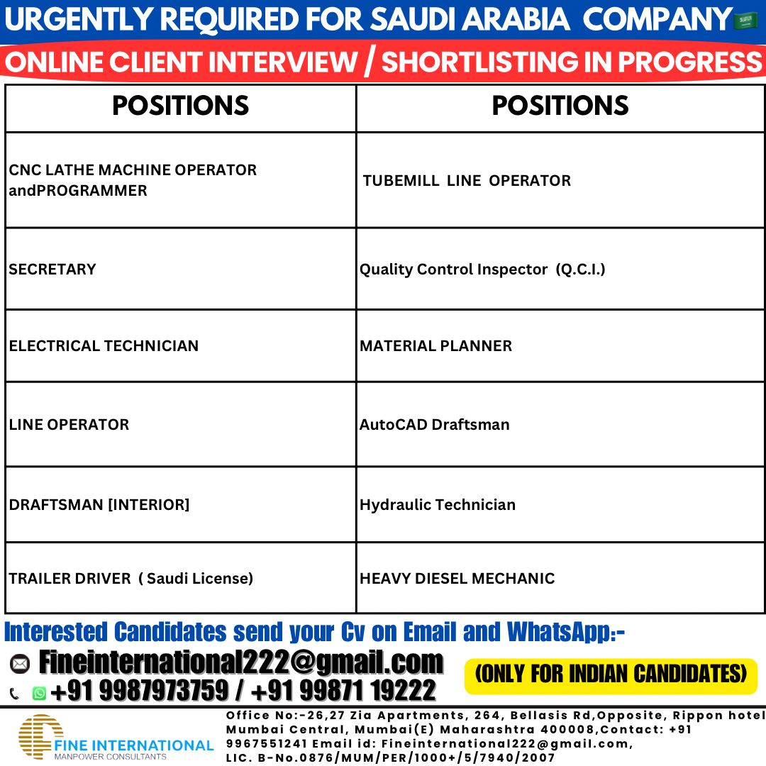 URGENTLY REQUIRED FOR SAUDI ARABIA CO.