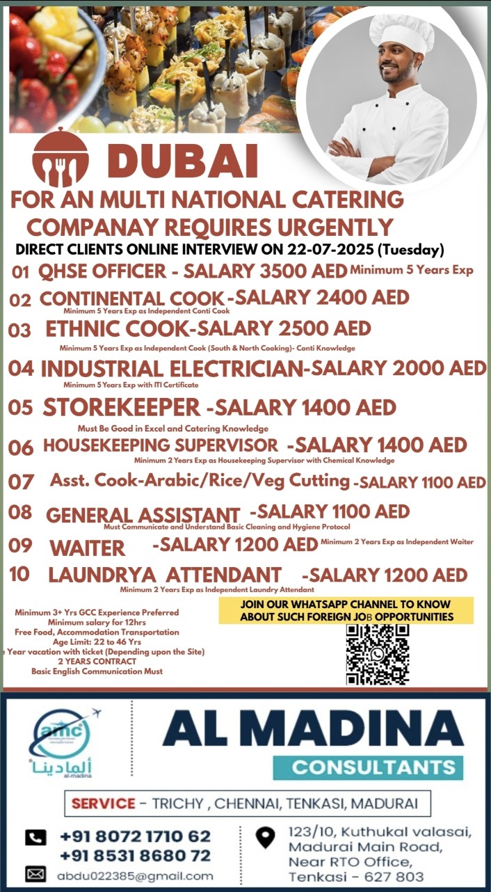 FOR AN MULTI NATIONAL CATERING  COMPANAY REQUIRES URGENTLY DIRECT CLIENTS ONLINE INTERVIEW 