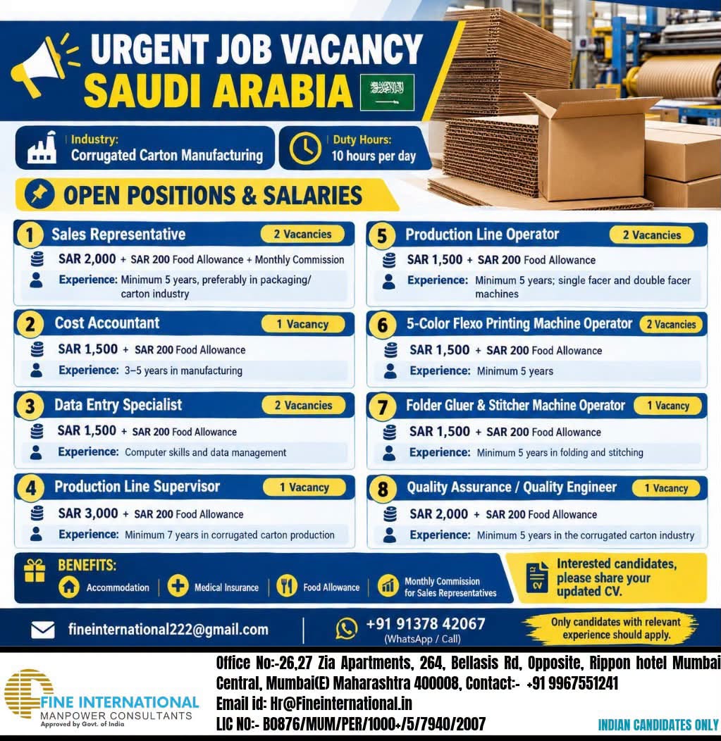 🚨 URGENT JOB VACANCY – SAUDI ARABIA 🇸🇦 ONLINE CLIENT INTERVIEW  🏭 Industry: Corrugated Carton Manufacturing 