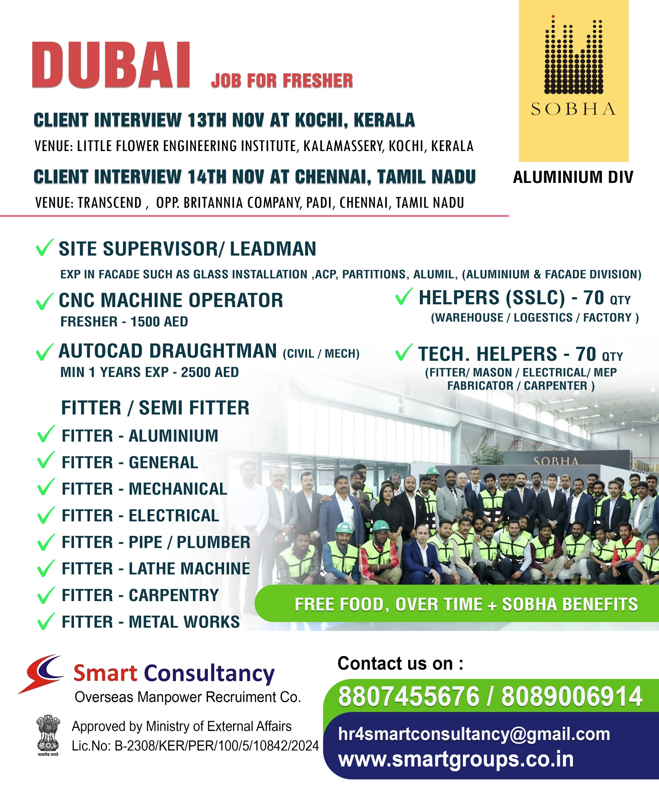 WE ARE HIRING FOR SOBHA -DUBAI ,DIRECT CLIENT INTERVIEW ON 13TH NOV AT COCHIN ,KERALA & 14TH NOV AT CHENNAI ,TAMIL NADU