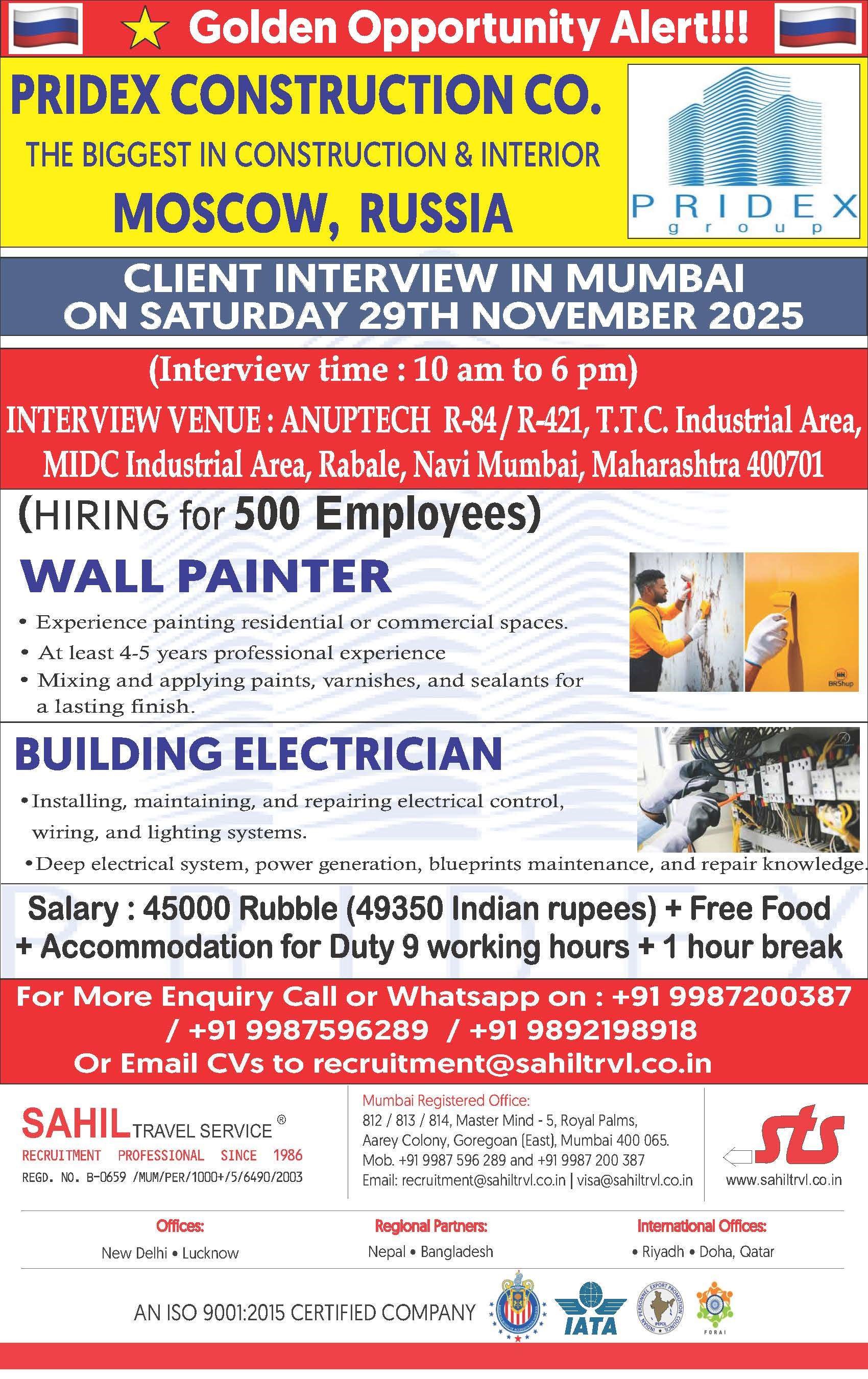 URGENTLY REQUIRED FOR HIGHLY REPUTED AND HUGE CONSTRUCTION COMPANY MOSCOW, RUSSIA.