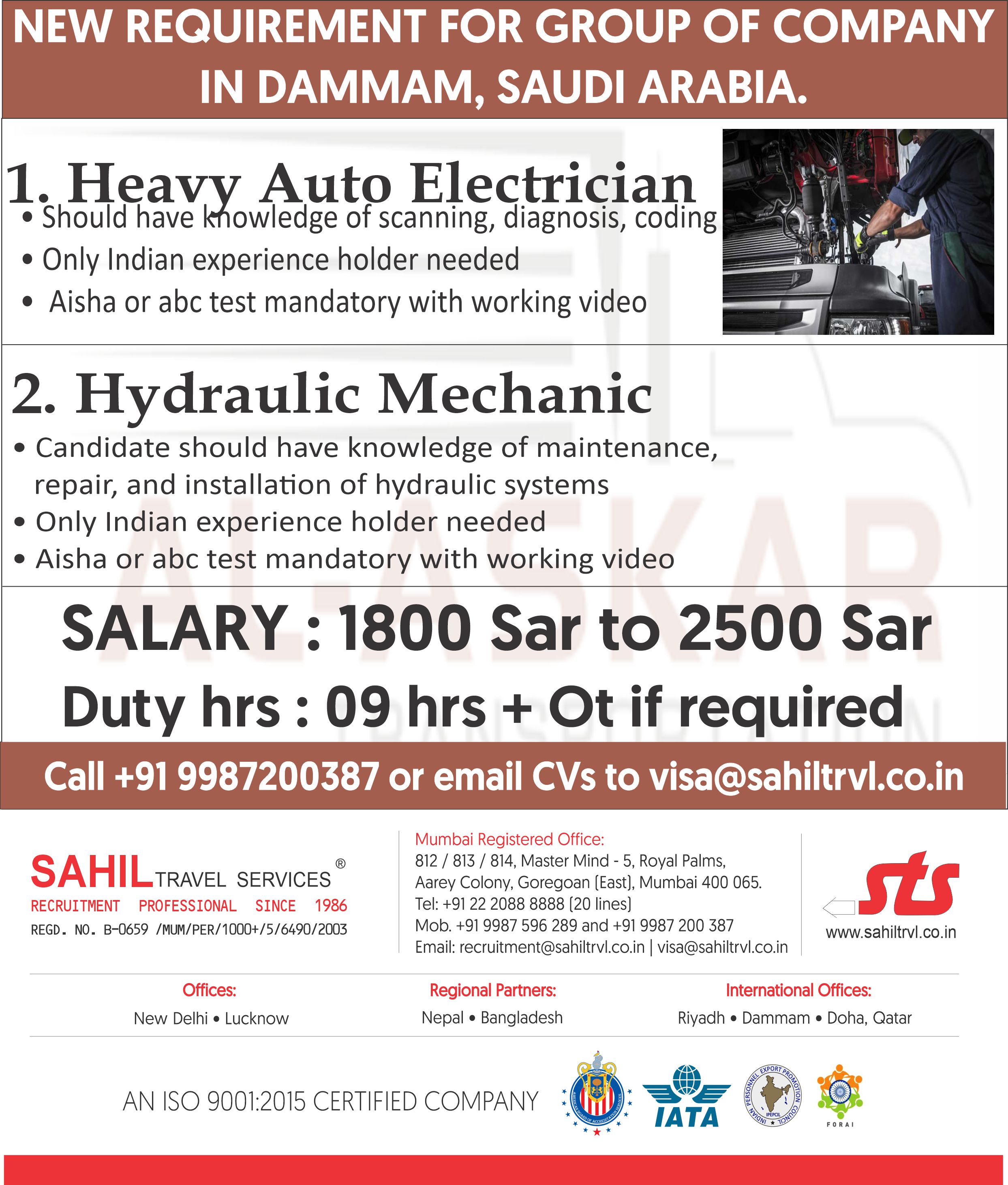 URGENTLY REQUIRED FOR HUGE AND REPUTED TRANSPORT COMPANY IN DAMMAM, SAUDI ARABIA