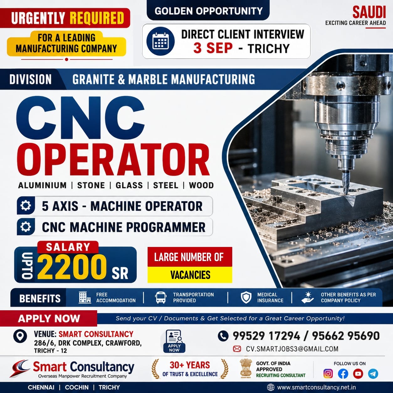 Saudi Arabia CNC Career Opportunity | Trichy Interview Career opportunity for CNC professionals in Saudi Arabia 🇸🇦