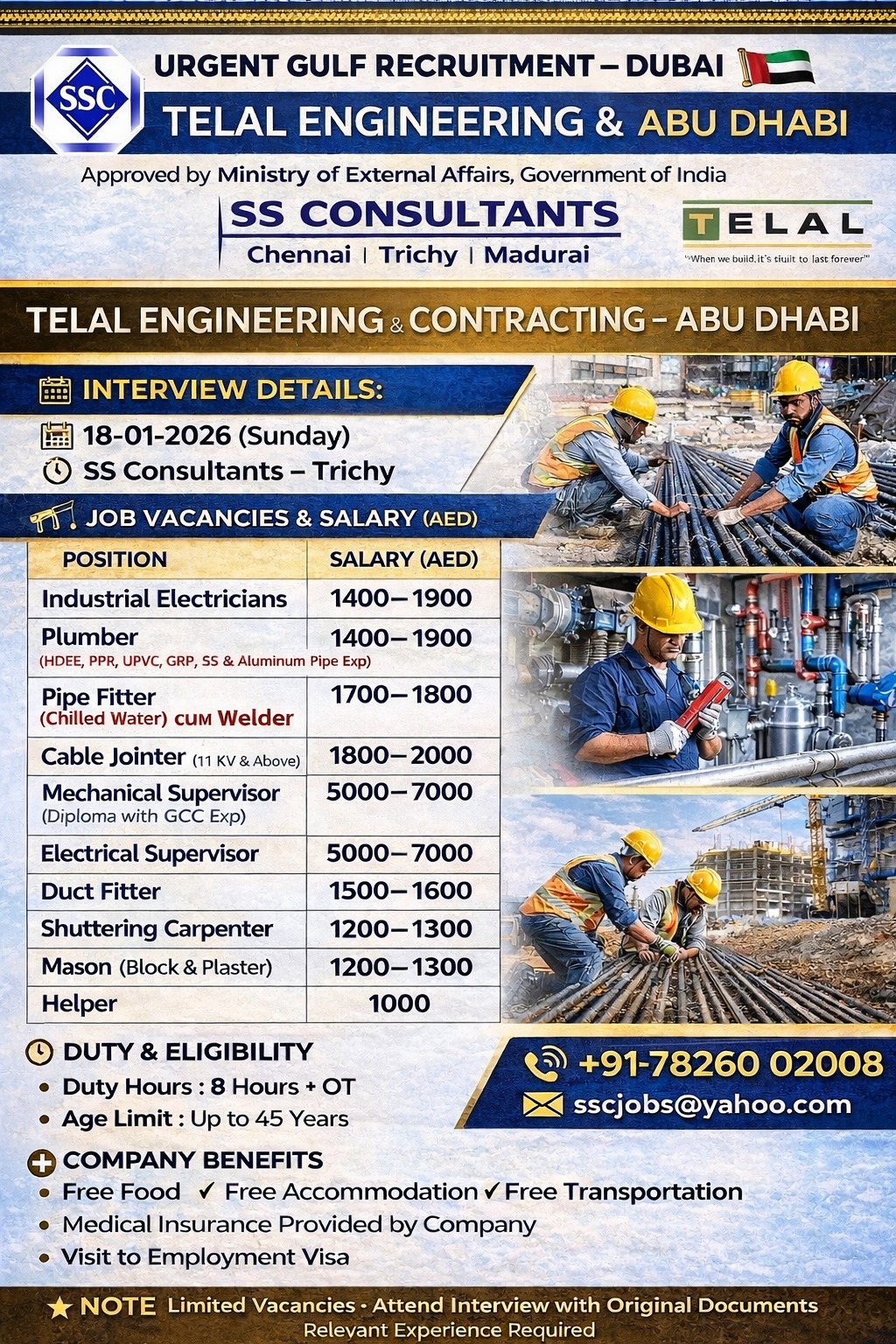 Urgent Gulf Jobs Dubai & Abu Dhabi | TELAL ENGINEERING ABUDHABI | SS Consultants Official