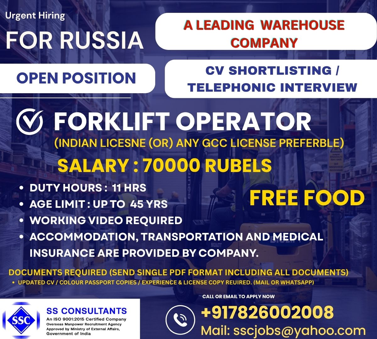 Forklift Operator - Warehouse Company in Russia (Urgent Hiring)  Location: Russia