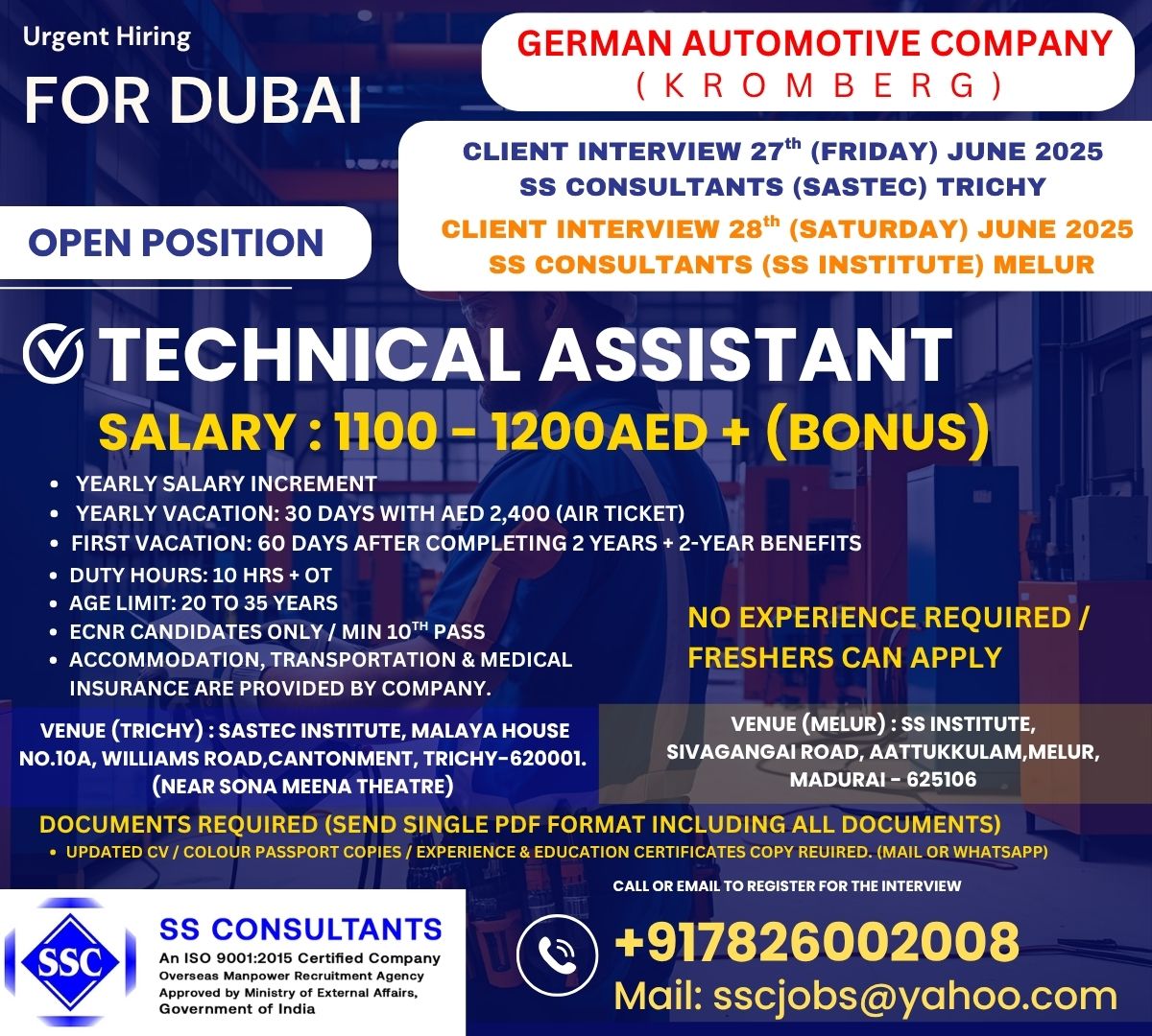 Urgent Hiring: Technical Assistant in Dubai (Kromberg) - Freshers Apply, 1100-1200 AED Salary