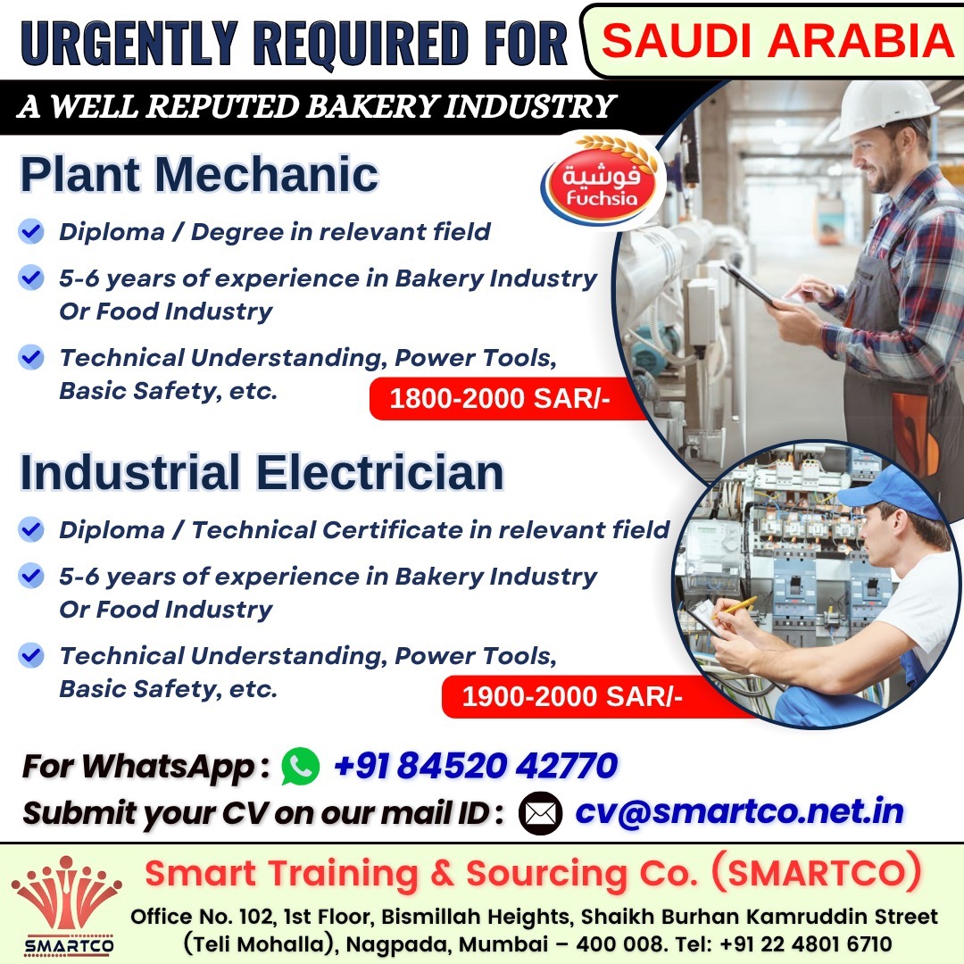 URGENTLY REQUIRED FOR (SAUDI ARABIA A WELL REPUTED BAKERY INDUSTRY
