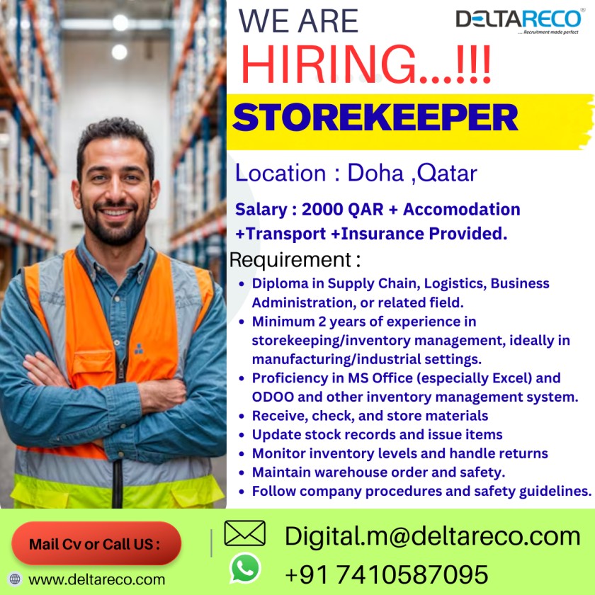 Hiring Storekeeper for Qatar