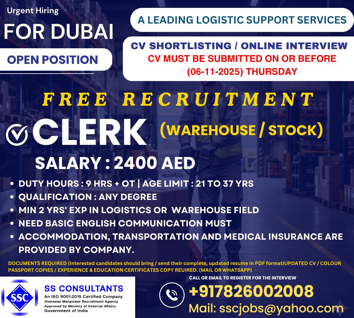 Urgent Hiring: Warehouse Clerk for Dubai - Free Recruitment by SS Consultants
