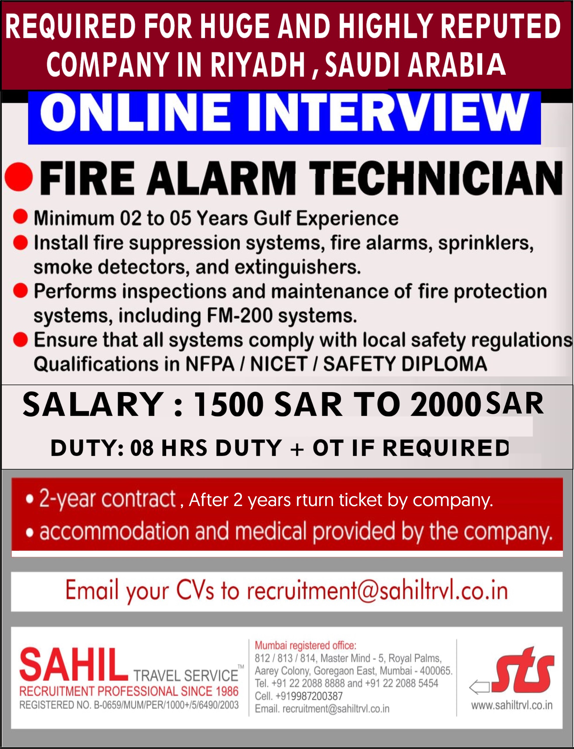 URGENTLY REQUIRED FOR HIGHLY REPUTED COMPANY IN RIYADH, SAUDI ARABIA